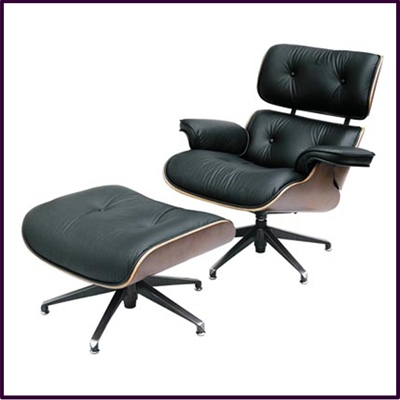 Charles Eames Style Swivel Chair And Foot Stool In Genuine Black Leather