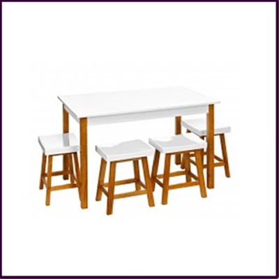 Dining Set with 4 Stools White High Gloss Finish with Pine Legs